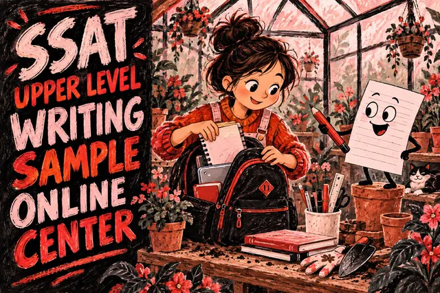 SSAT UPPER LEVEL WRITING SAMPLE ONLINE CENTER — original handwritten comic illustration.
