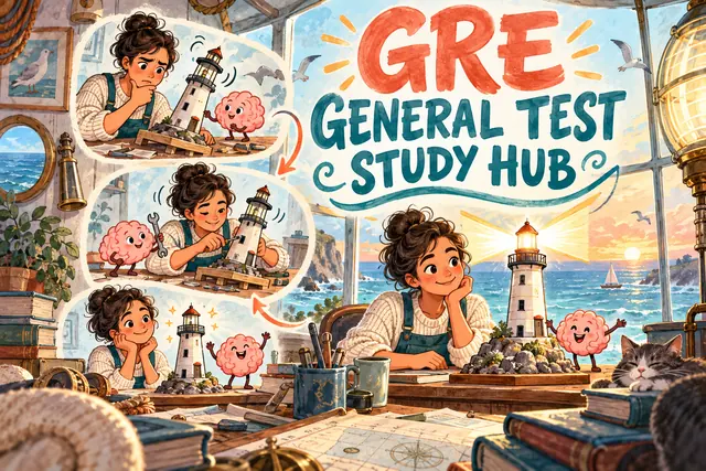 GRE GENERAL TEST STUDY HUB — original handwritten comic illustration.