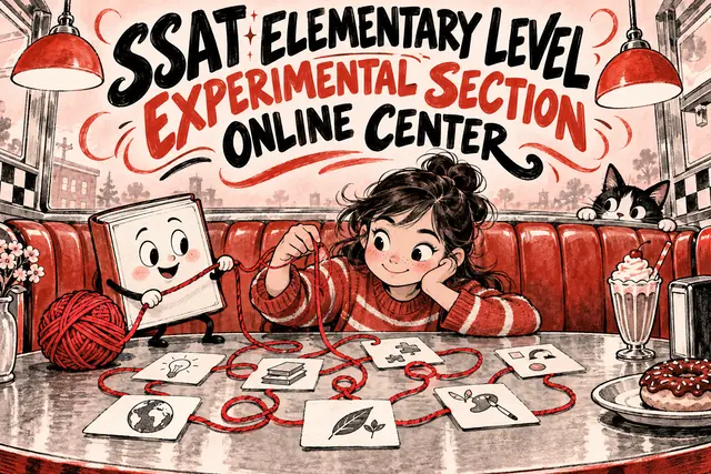 SSAT ELEMENTARY LEVEL EXPERIMENTAL SECTION ONLINE CENTER — original handwritten comic illustration.