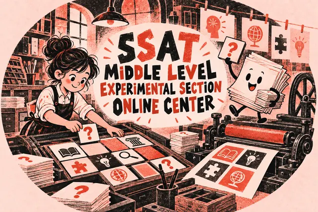 SSAT MIDDLE LEVEL EXPERIMENTAL SECTION ONLINE CENTER — original handwritten comic illustration.