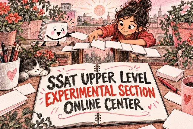 SSAT UPPER LEVEL EXPERIMENTAL SECTION ONLINE CENTER — original handwritten comic illustration.
