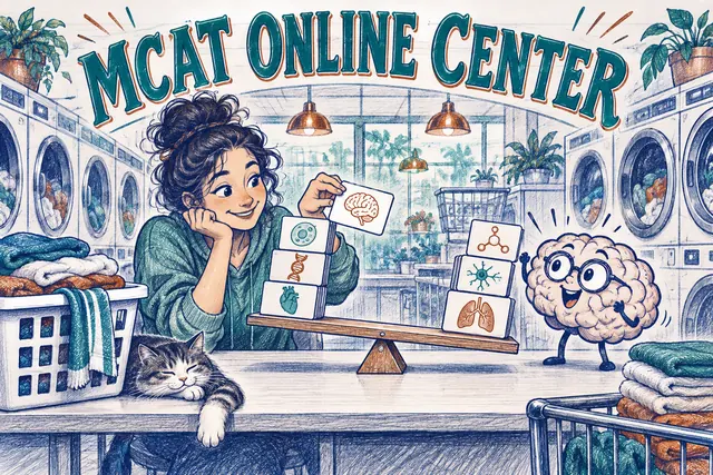MCAT ONLINE CENTER — original handwritten comic illustration.