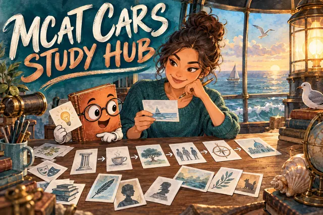 MCAT CARS STUDY HUB — original handwritten comic illustration.