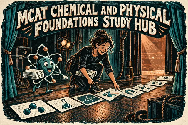 MCAT CHEMICAL AND PHYSICAL FOUNDATIONS STUDY HUB — original handwritten comic illustration.