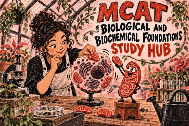 MCAT BIOLOGICAL AND BIOCHEMICAL FOUNDATIONS STUDY HUB — original handwritten comic illustration.