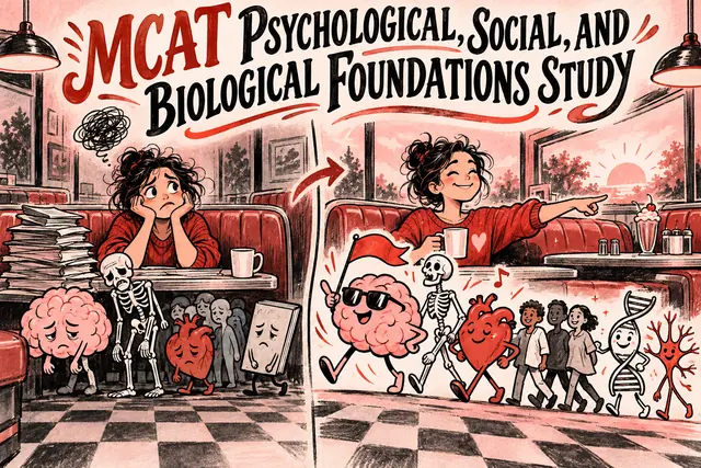 MCAT PSYCHOLOGICAL, SOCIAL, AND BIOLOGICAL FOUNDATIONS STUDY — original handwritten comic illustration.