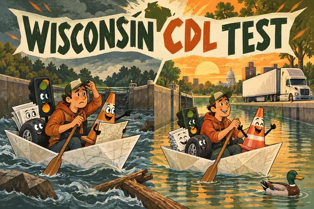 WISCONSIN CDL TEST — original handwritten comic illustration.