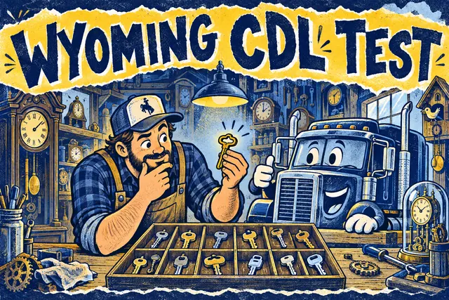 WYOMING CDL TEST — original handwritten comic illustration.