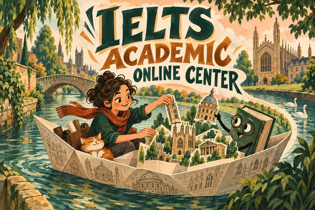 IELTS ACADEMIC ONLINE CENTER — original handwritten comic illustration.