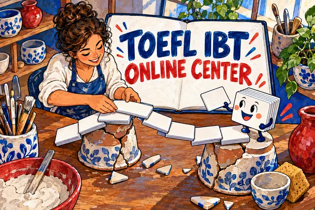 TOEFL IBT ONLINE CENTER — original handwritten comic illustration.