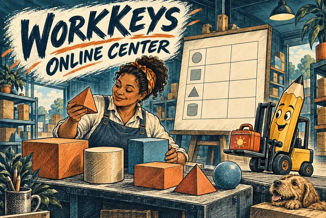 WORKKEYS ONLINE CENTER — original handwritten comic illustration.