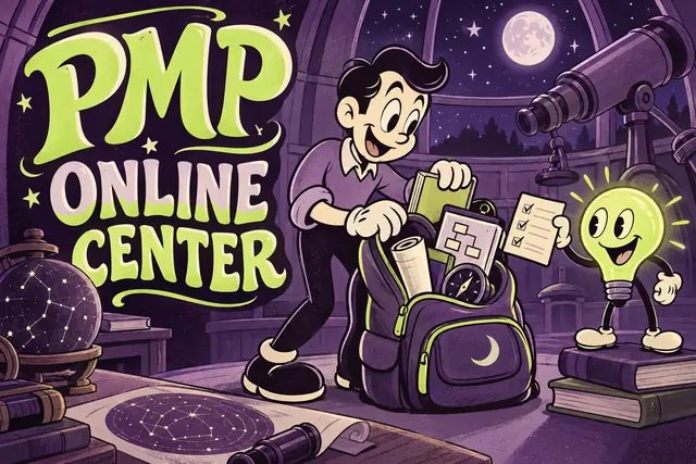 PMP ONLINE CENTER — original handwritten comic illustration.