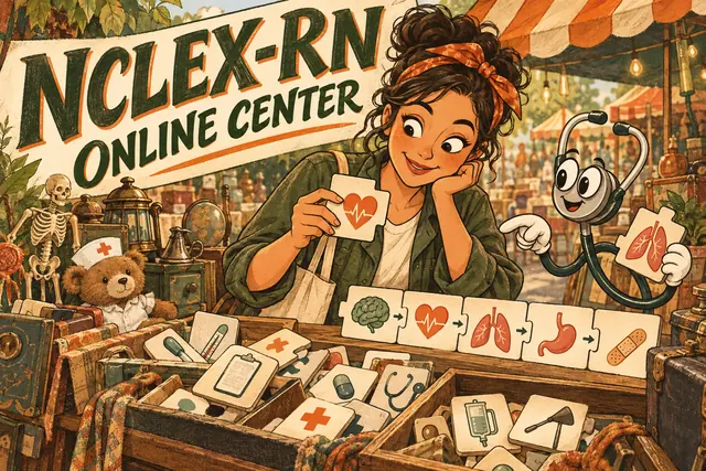 NCLEX-RN ONLINE CENTER — original handwritten comic illustration.