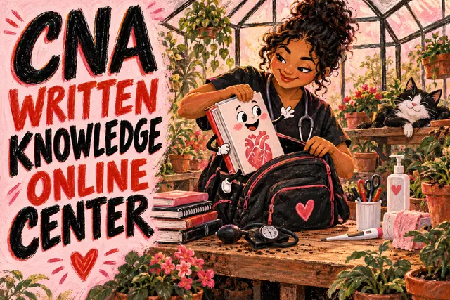 CNA WRITTEN KNOWLEDGE ONLINE CENTER — original handwritten comic illustration.