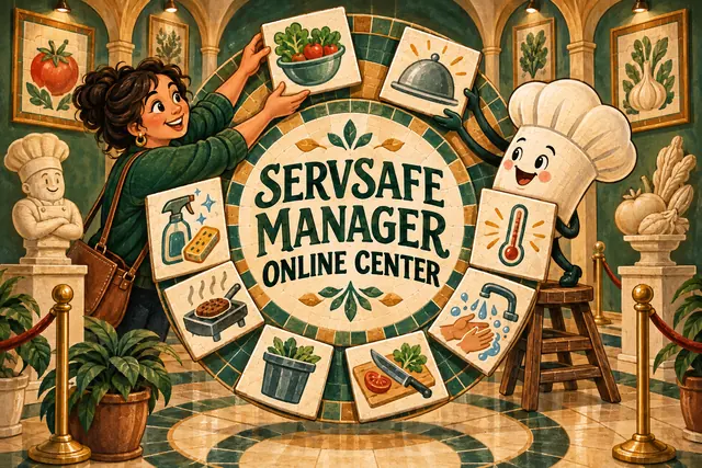 SERVSAFE MANAGER ONLINE CENTER — original handwritten comic illustration.