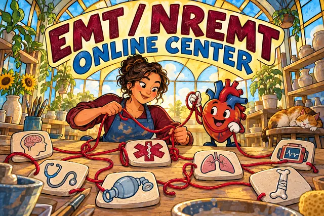 EMT / NREMT ONLINE CENTER — original handwritten comic illustration.