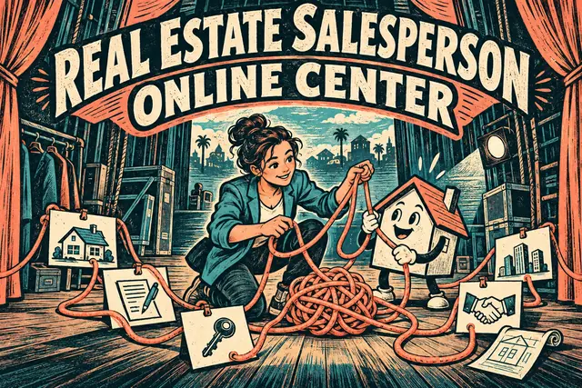REAL ESTATE SALESPERSON ONLINE CENTER — original handwritten comic illustration.