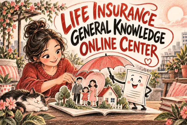 LIFE INSURANCE GENERAL KNOWLEDGE ONLINE CENTER — original handwritten comic illustration.