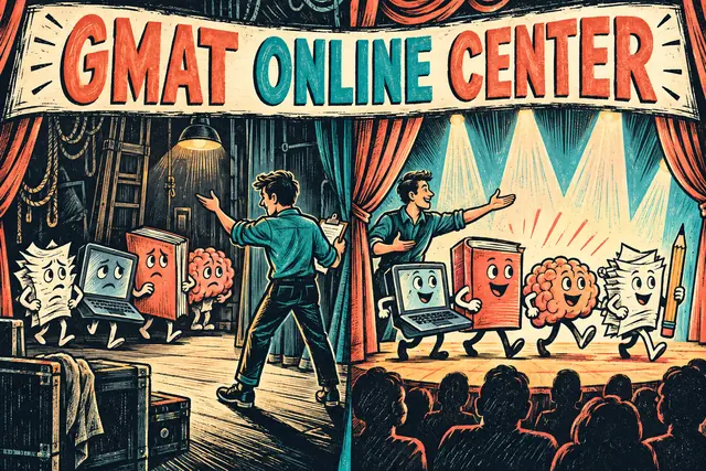 GMAT ONLINE CENTER — original handwritten comic illustration.