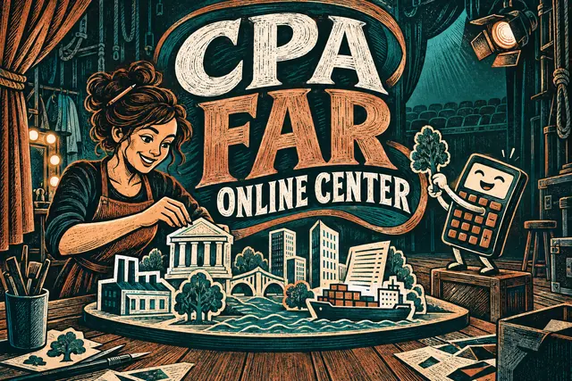 CPA FAR Online Center handwritten comic illustration.