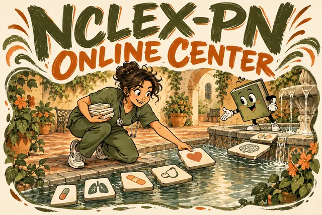 NCLEX-PN ONLINE CENTER — original handwritten comic illustration.