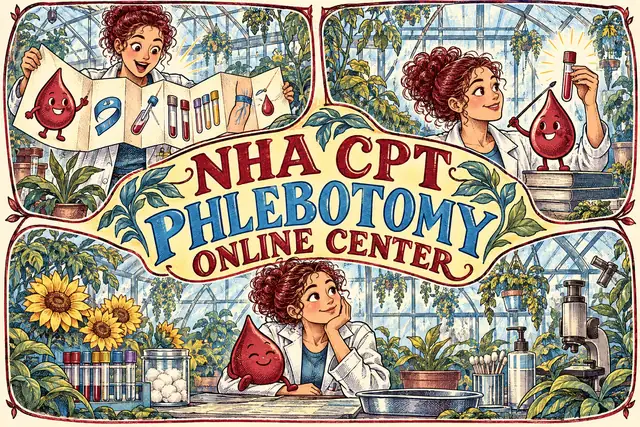 NHA CPT PHLEBOTOMY ONLINE CENTER — original handwritten comic illustration.