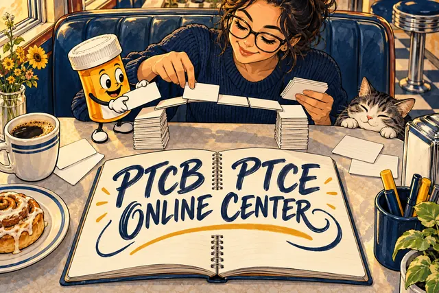 PTCB PTCE ONLINE CENTER — original handwritten comic illustration.