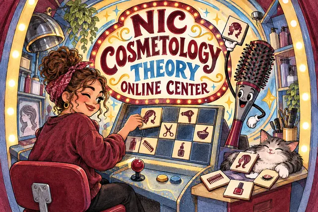 NIC COSMETOLOGY THEORY ONLINE CENTER — original handwritten comic illustration.