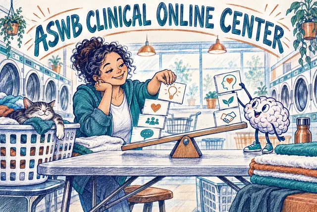 ASWB CLINICAL ONLINE CENTER — original handwritten comic illustration.
