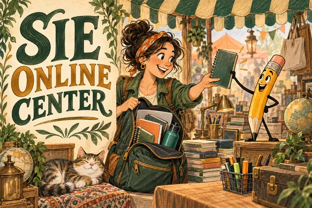 SIE ONLINE CENTER — original handwritten comic illustration.