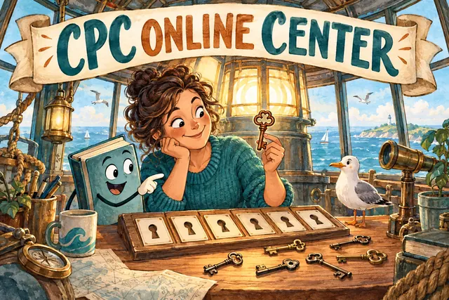 CPC ONLINE CENTER — original handwritten comic illustration.