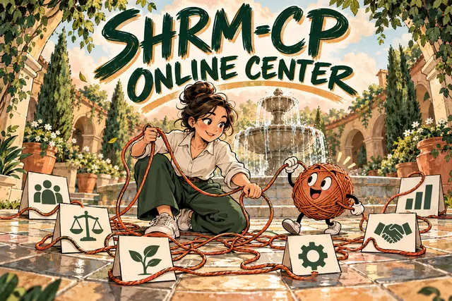 SHRM-CP ONLINE CENTER — original handwritten comic illustration.