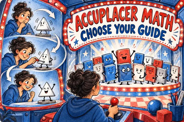 ACCUPLACER MATH CHOOSE YOUR GUIDE — original handwritten comic illustration.