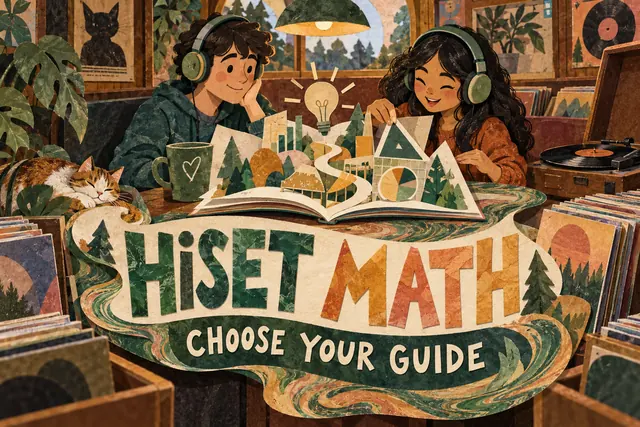 HiSET MATH CHOOSE YOUR GUIDE — original handwritten comic illustration.