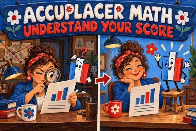 ACCUPLACER MATH UNDERSTAND YOUR SCORE — original handwritten comic illustration.