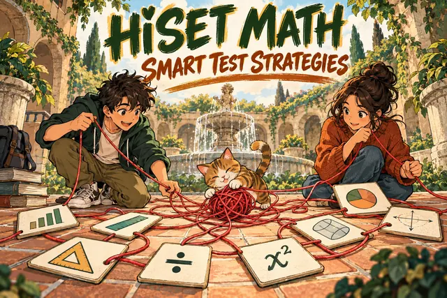 HiSET MATH SMART TEST STRATEGIES — original handwritten comic illustration.