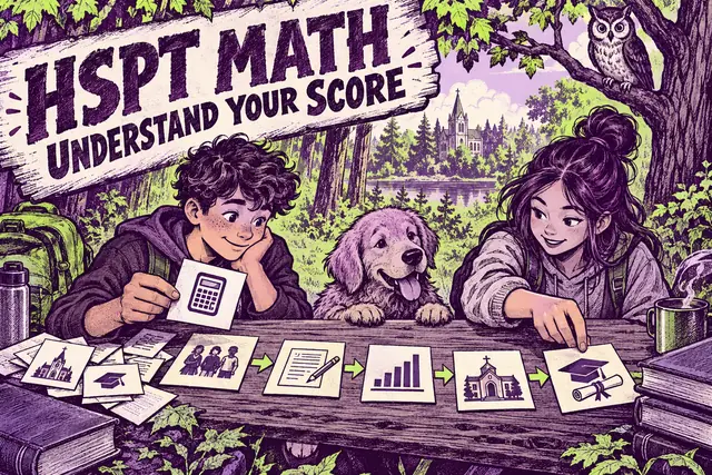 HSPT MATH UNDERSTAND YOUR SCORE — original handwritten comic illustration.