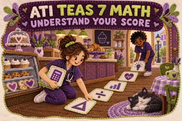ATI TEAS 7 MATH UNDERSTAND YOUR SCORE — original handwritten comic illustration.