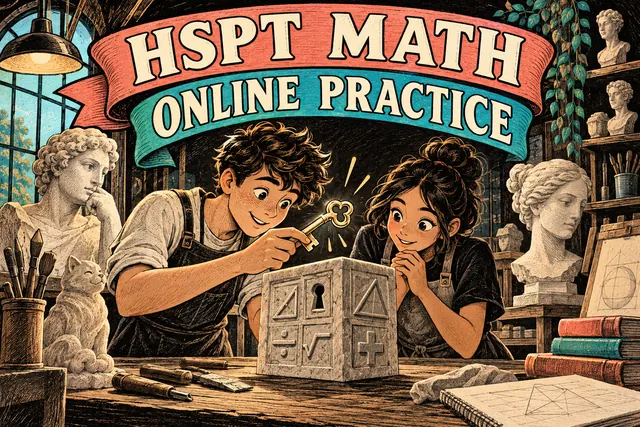 HSPT MATH ONLINE PRACTICE — original handwritten comic illustration.