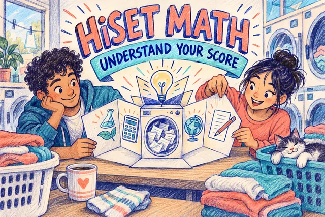 HiSET MATH UNDERSTAND YOUR SCORE — original handwritten comic illustration.