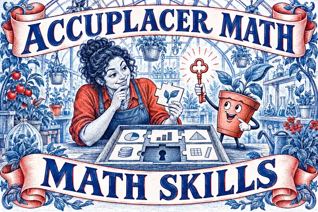 ACCUPLACER MATH MATH SKILLS — original handwritten comic illustration.