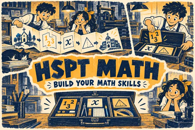 HSPT MATH BUILD YOUR MATH SKILLS — original handwritten comic illustration.