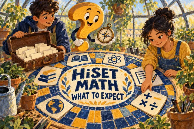 HiSET MATH WHAT TO EXPECT — original handwritten comic illustration.