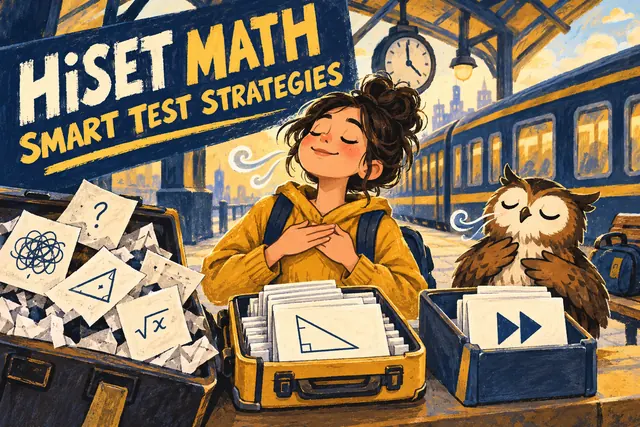 HiSET MATH SMART TEST STRATEGIES — original handwritten comic illustration.