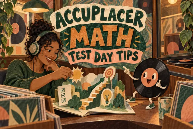 ACCUPLACER MATH TEST DAY TIPS — original handwritten comic illustration.