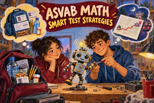 ASVAB MATH SMART TEST STRATEGIES — original handwritten comic illustration.