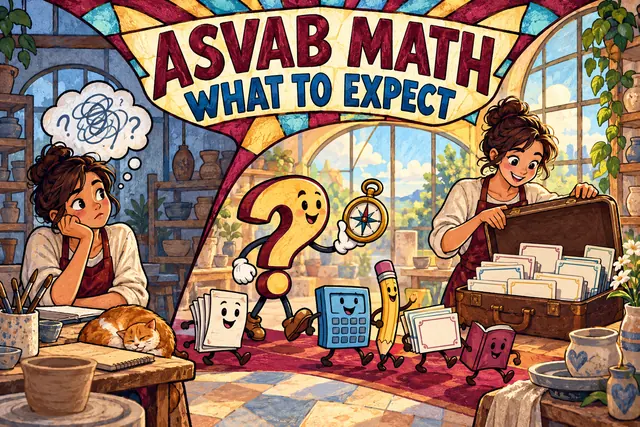 ASVAB MATH WHAT TO EXPECT — original handwritten comic illustration.