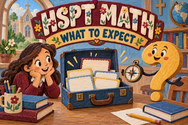 HSPT MATH WHAT TO EXPECT — original handwritten comic illustration.