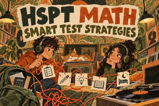 HSPT MATH SMART TEST STRATEGIES — original handwritten comic illustration.