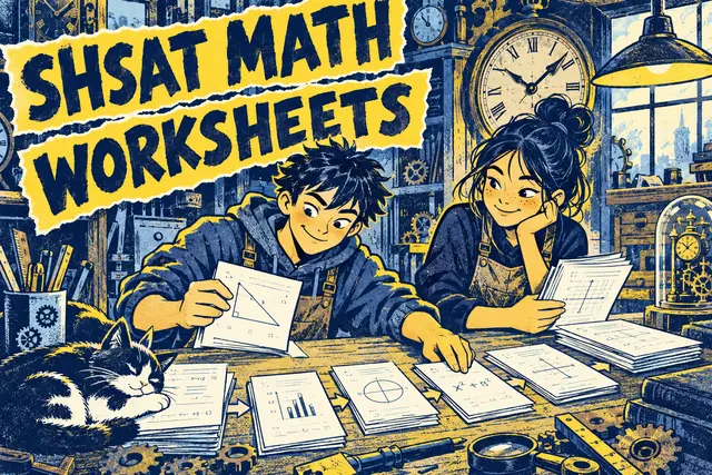SHSAT MATH WORKSHEETS — original handwritten comic illustration.